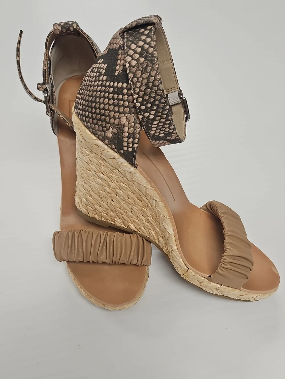 Dolce Vita Tan Braided Wedge Sandals with Snake-Print Ankle Strap